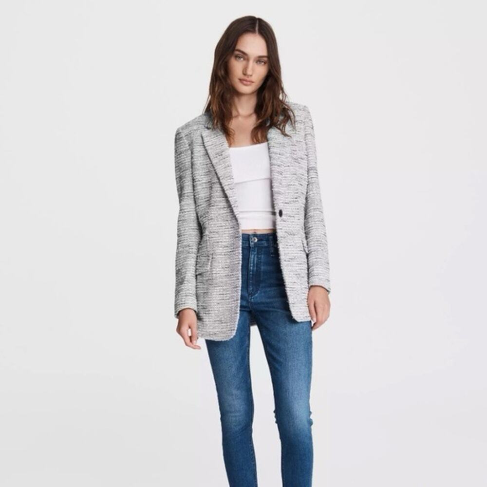 Rag & Bone Tweed Deconstructed Textured Blazer Jacket Black & White Wool Sz 0 - Picture 16 of 16